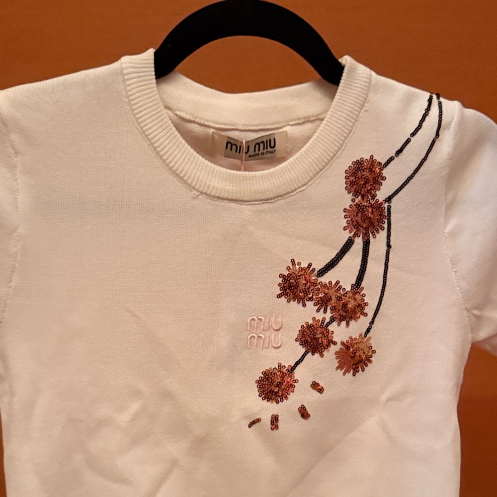 Miu Miu White Tee with Floral Appliqué